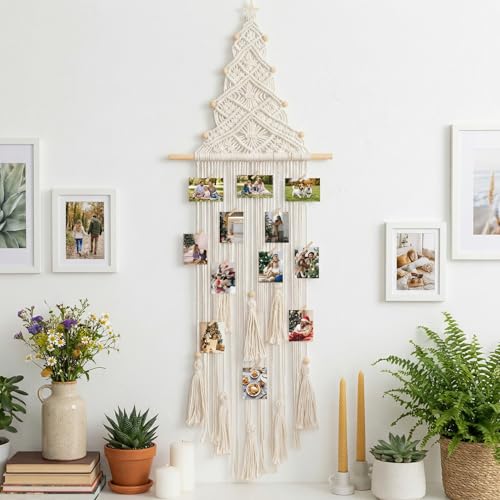 Rtteri Macrame Hanging Photo Display Boho Wall Decor Picture Card Frame Holder with 30 Clips Photo Art Hanger Teen Girl Teenage Gifts for Room Bedroom Dorm