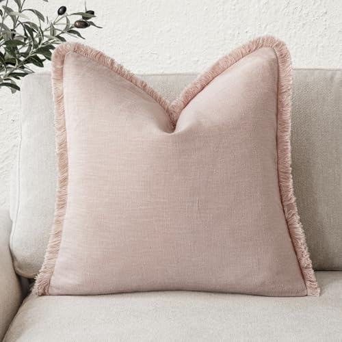 Foindtower Decorative Linen Fringe Throw Pillow Covers Cozy Boho Farmhouse Cushion Cover with Tassels Soft Accent Pillowcase for Chair Sofa Bed Living Room Home Decor, 16×16 Inch, 1PC,Light Pink - color: Light Pink, size: 16" x 16" (Pack of 1)