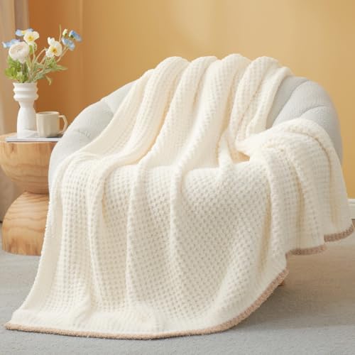 Snuggle Sac Ultra Soft Waffle Throw Blanket for Couch Bed Sofa 50x60 inches, Reversible Cream Blanket Microfiber Fluffy Fuzzy Cozy Knit Throws for Women Mothers Birthday Gifts - color: Waffle Cream, size: Throw(50"x60")