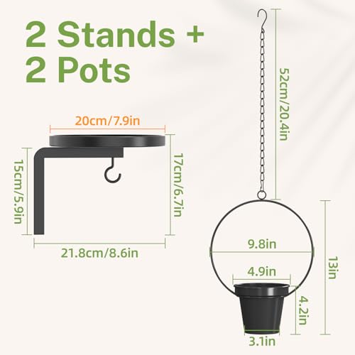 iDavosic.ly Wall Plant Holder Set of 2 for Outdoor with 2 Hanging Planters, Metal Hanger with 2 Hooks, Floating Flower Display Stand for Window, Space Saving & Easy to Assemble - color: Black with 2 Pots, size: 2 Pack