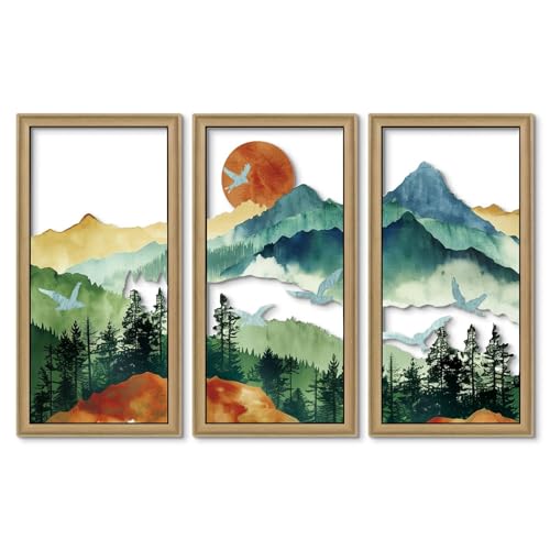 Putuo Decor Boho Mountain Wall Art Set of 3, Aesthetic Nature Landscape Mountain Wall Decor, Rustic Farmhouse Mid-Century Modern Artwork for Living Room, Bedroom, Office, 16.5 x 8.6 inch - color: Boho Mountain Aesthetic Wall Art