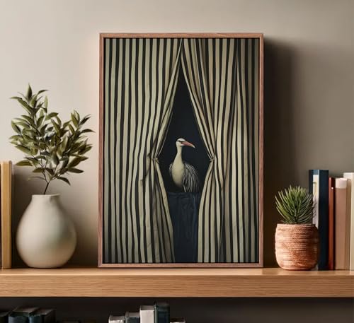 Framed Moody Crane Canvas Wall Art Vintage Eclectic Bird Wall Decor 12x16in | Bird Wall Art Whimsical Elegant Animal Poster Prints Humorou Grey Heron Picture Funny Quirky Artwork Painting Wall Decor - color: Bird, size: 16"L x 12"W