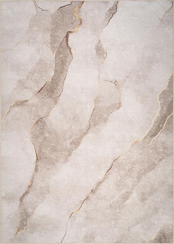 Bloom Rugs Washable Non-Slip 2x3 Rug - Ivory/Gold Modern Abstract Area Rug for Living Room, Bedroom, Dining Room, and Kitchen - Exact Size: 2' x 3' - color: Ivory / Gold, size: 2' x 3' (Rectangular)