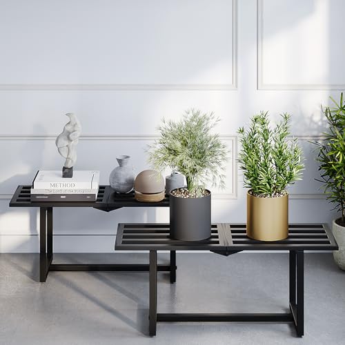 Plant Stand Indoor Outdoor, Foldable Metal Plant Shelf for Multiple Pots, Mid Century Slatted Bench for Patio Garden, Heavy Duty Capacity 330 lbs 2 Pack Black