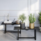 Plant Stand Indoor Outdoor, Foldable Metal Plant Shelf for Multiple Pots, Mid Century Slatted Bench for Patio Garden, Heavy Duty Capacity 330 lbs 2 Pack Black