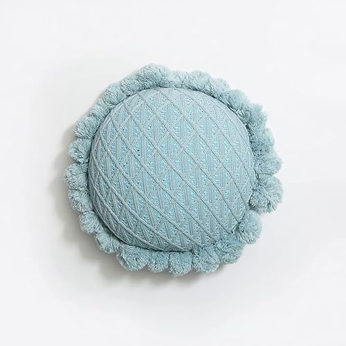Byitre Bohemian Round Pillow 20 Inch | 100% Cotton Decorative Pillow Hand Tufted with Chunky Textured Poms | Boho Throw Pillow for Bed or Couch | Natural Light Blue Throw Pillow - color: Lattice Light Blue