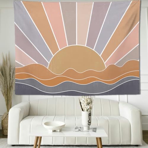 keowhsf Boho Sun Mountain Tapestry Wall Hanging - Retro 70s Vintage Rainbow Sunrise Sunset Design, Abstract Geometric Hippie Art Tapestry for Bedroom, Living Room & Dorm Decor - color: Sunset2, size: 80"L x 60"W