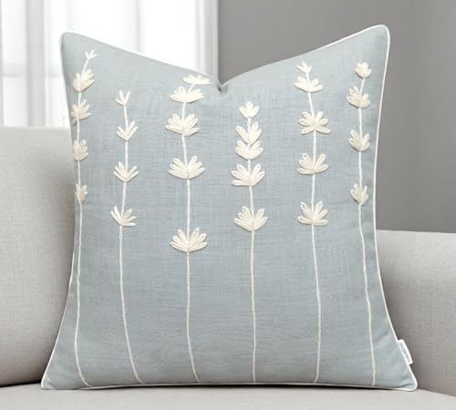 VAGMINE Embroidered Wildflower Floral 18x18 Throw Pillow Cover - Blue Grey Cotton Square Cushion for Sofa Couch Bed - Cottagecore Farmhouse Spring Decor - Daisy - color: Robins Egg-daisy, size: 18" x 18" (Pack of 1)