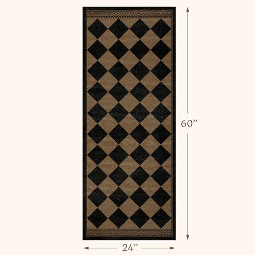 Brown and Black Easy Jute Runner Rug 2x5 for Laundry Room, Non Skid Washable Checkered Entryway Runner Rug, Boho Low Pile Diamond Carpet for Kitchen, Bathroom, Scandinavian Minimalist Style - color: Black Brown, size: 2' x 5' (Runner)