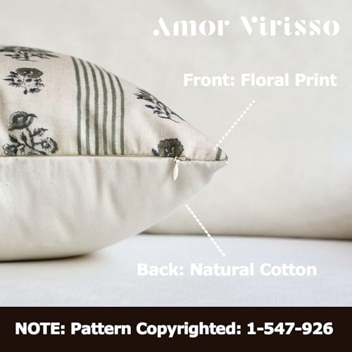 Amor Virisso Floral Throw Pillow Covers 18x18 Set of 2 Block Print Pillow Covers Neutral Floral Striped Farmhouse Decorative Pillow Covers for Sofa Couch Bed, Dusty Green - color: Dusty Green, size: 18" x 18" (Pack of 2)