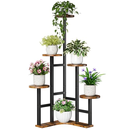 Yzosvki Corner Plant Stand Indoor, 6 Tiered Corner Plant Shelf Flower Stand for Multiple Plants, Plant Shelves Organizer Rack for Living Room, Balcony, Patio, Garden, Round Rustic Brown - color: Round-Rustic Brown, size: 6 Tier