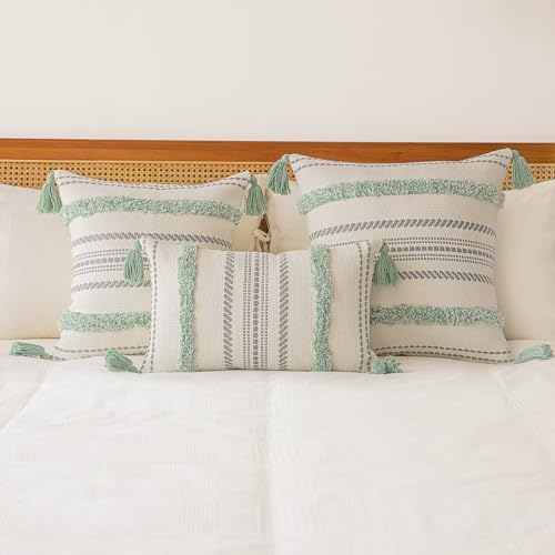 Boho Throw Pillow Covers 18x18 Set of 2 Woven Tufted Farmhouse Pillows Cover with Tassels Textured Striped Cushion Case Neutral Pillow Cases Decorative Pillowcase for Sofa, Couch, Bed, Light Green - color: Light Green, size: 18" x 18" (Pack of 2)