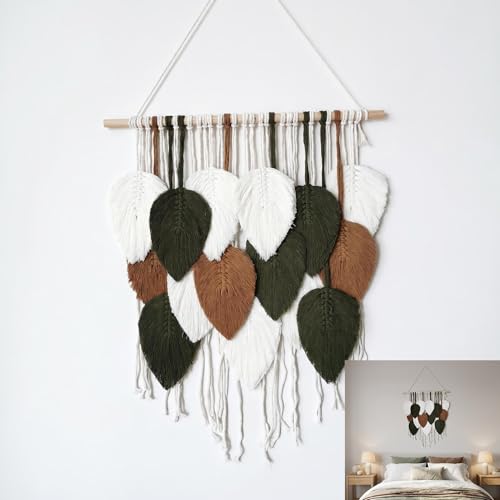 Jditngp Macrame Wall Hanging Leaf Boho Woven Tapestry,Cotton Cord Weave Tassels Home Decorations Modern Bohemian Handmade Leaf Feather Nordic Wall Art Decor for Living Room Bedroom Apartment 23.6"W X 31.5"L - color: brown15