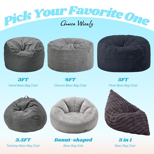 Hobestluk 3 in 1 Bean Bag Chair Giant Bean Bag Chairs for Adults with Ripple Cover Convertible Bean Bag Floor Cushion with Machine Washable Cover for Living Room (Ripple Dark Grey) - color: Dark Slate Grey
