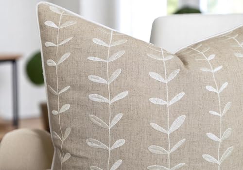VAGMINE Embroidered Botanical Vine Leaf 18x18 Throw Pillow Cover - Natural Linen Square Cushion for Sofa Couch Bed - Cottagecore Farmhouse Decor - Lollipop - color: Natural-lollipop, size: 18" x 18" (Pack of 1)