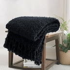 Knit Throw Blanket Fluffy Fuzzy Soft Lightweight Cozy Farmhouse Tassels Chunky Knitted Throws for Couch Sofa Bed (Black, 50"x60") - color: Black, size: 50"x60"