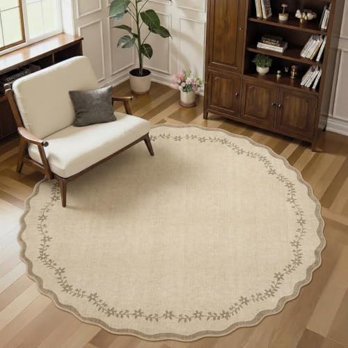 GarveeHome Round Area Rugs 5ft for Bedroom, Solid Jute Washable Circle Rug Soft Non Slip Floral Print Floor Mat Tan Carpet Indoor Thin Rug for Kids Room Dining Room Playroom Nursery - color: Jute, size: 5' (Round)