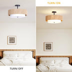 Bohemian Semi Flush Mount Ceiling Light - 18 Inch Handmade Hemp Rope Shade (Fabric Lining), Farmhouse Pendant, E26 Base, Max 60W (Bulbs Excluded), for Dining, Living, Bedroom, Kitchen - color: 18'' Hemp rope&Fabric Gold
