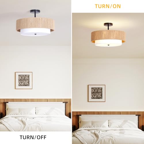 Bohemian Semi Flush Mount Ceiling Light - 18 Inch Handmade Hemp Rope Shade (Fabric Lining), Farmhouse Pendant, E26 Base, Max 60W (Bulbs Excluded), for Dining, Living, Bedroom, Kitchen - color: 18'' Hemp rope&Fabric Gold