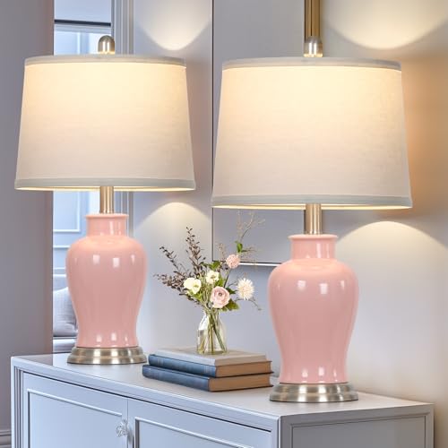 23" Ceramic Table Lamps Set of 2, Modern Ceramic Lamps for Living Room, Cute Bedside Lamps with Ginger Jar Design, Elegant Bedroom Lamps for Nightstand Dining Room Desk Side End Table Home Decor, Pink - color: Pink
