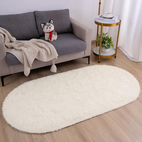 Goideal Fluffy Bedroom Rug, Small Oval Area Rugs, Cream Shag Bedside Carpet for Kids Room Nursery Dorm Cute Fuzzy Indoor Decor for Boy and Girl, 2.6 x 5.3 Feet - color: Cream
