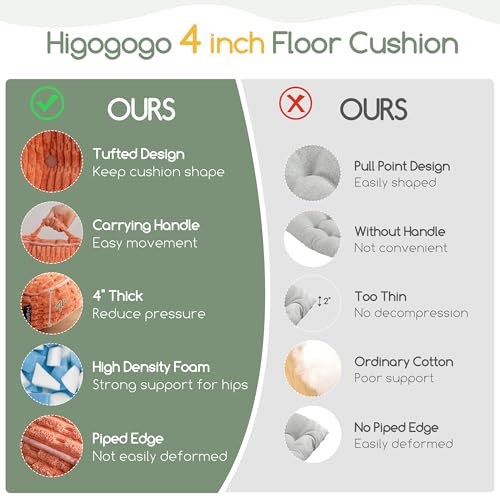 HIGOGOGO Floor Pillow Cushion for Adults, Meditation Cushion Pillow, Blended Corduroy Cover, Large Square Floor Sitting for Tatami Living Room or Yoga, 22x22 Inch, Coral - color: Square Coral, size: 4" Thick(Pack of 1)