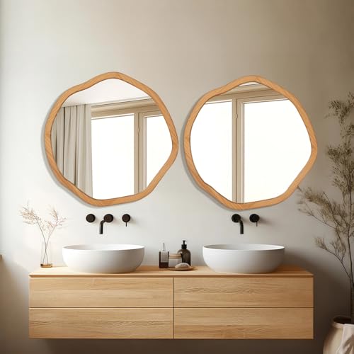 ULIKE Round Wood Mirror, 30 Inch Irregular Circle Vanity Wall Mirror with Wooden Frame, Rustic Decorative Wall Mount for Bathroom Bedroom Living Room Entryway, Natural - color: Wood, size: 30"L x 30"W