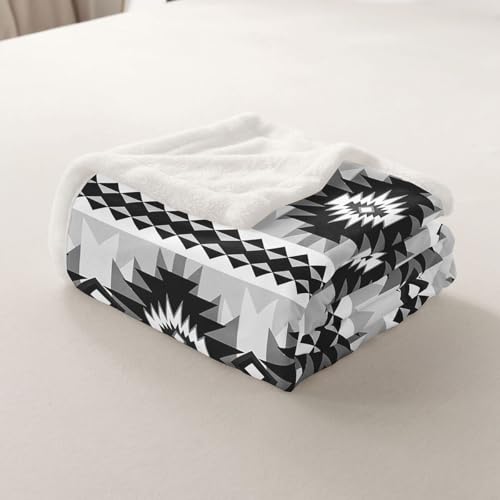 Feelyou Western Sherpa Blanket Plush Fuzzy Southwestern Aztec Fleece Throw Blanket Boys Girls Geometric Vintage for Bed Couch Chair Living Room Boho Tribal Rustic Black Grey Queen 90"x90" - color: Black Grey, size: Queen