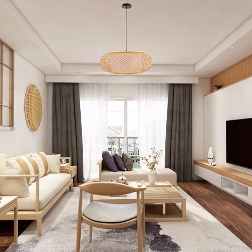 Bamboo Wicker Rattan Shade Pendant Lamp 23.62 inch Woven Rattan Chandelier Country Style Weave Hanging Light for Bedroom Living Dinning Room Kitchen Island