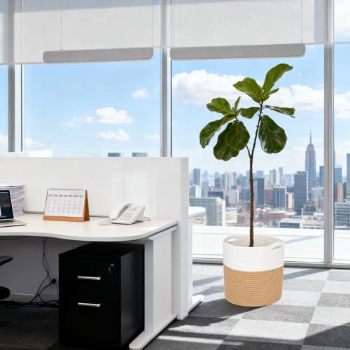 Jute Spliced Cotton Rope Plant Basket - Modern Woven Storage Basket for 10.6" Floor Indoor Planter, White & Beige Decorative Flower Pot Cover with Handle, Rustic Home Decor Laundry Bin