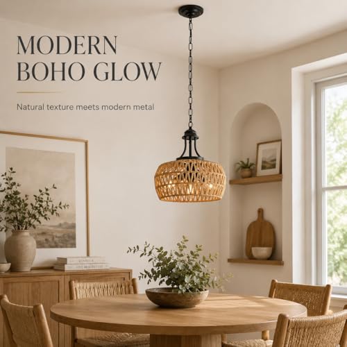 12.6 Inch Farmhouse Boho Chandelier for Dining Room, 3-Light Rattan Chandelier with Woven Lampshade, Adjustable Height Coastal Pendant Lighting for Kitchen Bedroom Island Hallway - color: Brown, size: 3-Lights 12.6 in