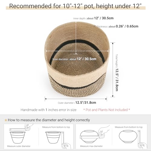 Dahey Jute Rope Plant Basket Modern Woven Storage Basket for 12" Indoor Planter, Decorative Flower Pots Cover Laundry Bin with Handle Rustic Home Decor, Black - color: Black, size: 12"W × 12"H