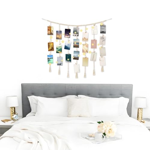 Macrame Hanging Photo Display with String Lights,Boho Wall Decor Picture Card Frame Holder with 45 Clips for Teen Room, Beach Room Decor, Hanging Photo Display with Clips