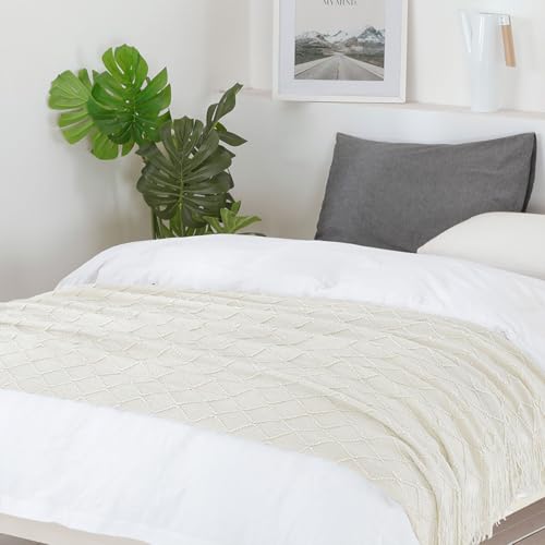 BOURINA Beige Throw Blanket 50 x90 Inches Throw Textured Solid Soft Sofa Throw Bed Runner Couch Cover Knitted Decorative Blanket Bed Runner - color: Beige, size: 50"x90"