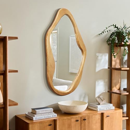 LuxenHome Asymmetrical Wall Mirror with Natural Pine Wood Frame,Irregular Wall Mirror for Living Room,Entryway,Bedroom,Decorative Mirror,Bathroom Mirror, Wood Wall Mounted Mirror - color: Irregular Asymmetrical