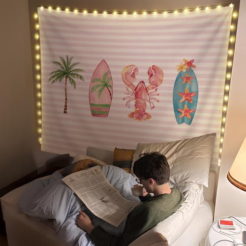 SkyCozy Pink Surf Coastal Beach Wall Tapestry,Surf Board Room Decor, Summer Coastal Preppy Trendy Retro East Coast Coquette Surfboard Crawfish Tapestry Decor for Girls Room College, 50x60 Inch - color: 01- Surf Coastal Tapestry(Pink)