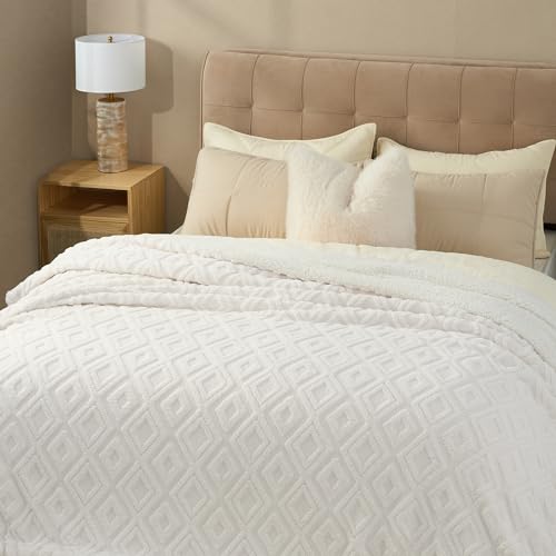 EverGrace Jacquard Boho Sherpa Fleece Throw Blanket for Couch, Super Soft Cozy Fuzzy Plush Blankets for Winter, Reversible Thick Warm Blanket for Bed, Sofa, Living Room, Off White, 90" x 90" - color: Off White, size: 90x90 Inches