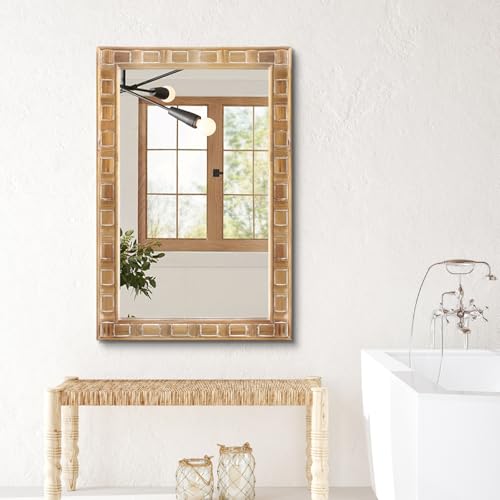 POZINO Rustic Wood Mirror, 24"X36" Farmhouse Bathroom Mirror for Over Sink, Natural Wooden Rectangle Wall Mirrors for Living Room Entryway Bedroom Hallway Fireplace, Horizontal Or Vertical - color: Natural Wood, size: 36"Lx24"W
