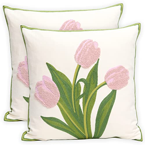 Pack of 2 Embroidered Decorative Throw Pillow Cover 18x18 Inch Farmhouse Floral Pillowcase for Living Room Sofa Bed (Pink Tulip) - color: Pink Tulip