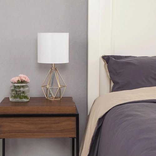 Gold Modern Hollow Out Base Bedroom Small Table Lamp,Bedside Nightstand Lamp with Geometric Metal Base White Fabric Shade,Cute Desk Lamp for Kids Living Room - color: Gold