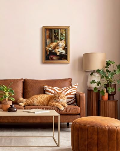 HUARCEY Gold Framed Canvas Wall Art, Book Cat Vintage Decor, Rustic Vintage Neutral Canvas Paintings Retro Table Desk Picturesfor Bathroom Bedroom Living Room, 12x16Inch - color: Book Cat, size: 16"L x 12"W