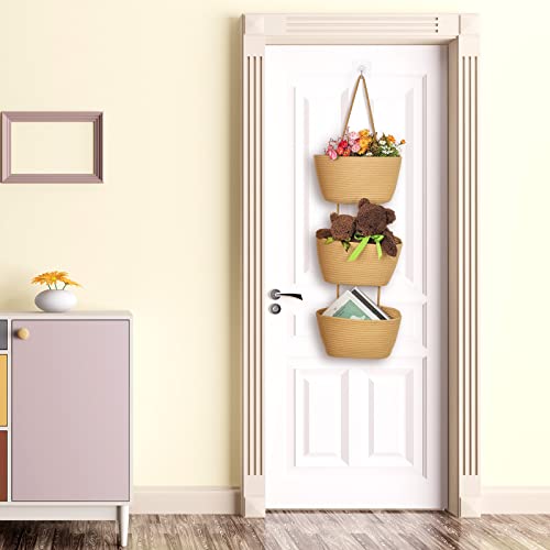 Xuhal Over The Door Hanging Basket Organizer Boho Woven Wall Baskets Storage 3 Tier Cotton Wall Mounted Decorative Bag Hanging Nursery Baskets for Books Flowers Toys Closet Living Room Bathroom