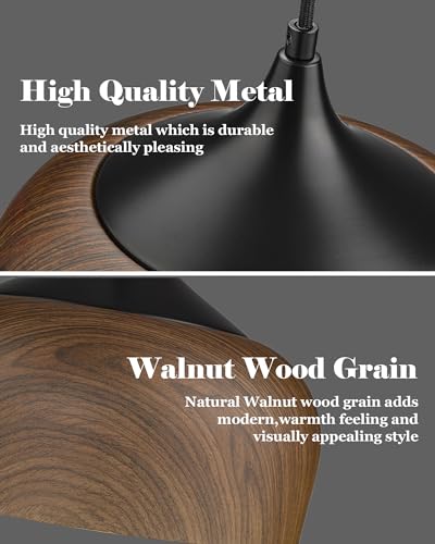 ELYONA Modern Bauhaus Pendant Light Walnut Wooden Pattern Dome Pendant Light Fixture Matte Black Metal Gold Inner Adjustable Hanging Lighting for Kitchen Island Dining Room Office Hallway Bedroom - color: Walnut & Black