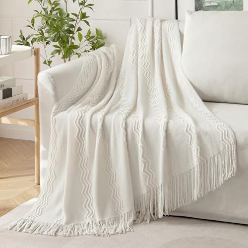 MIULEE Off White Knitted Throw Blanket for Couch Textured Knit Blanket with Tassels Cozy Woven Boho Bed Blanket for Sofa Bed Chair Acrylic Wave Pattern 50"x60" - color: Off White, size: 50" x 60"