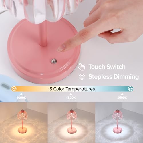 Shenmoyl Rechargeable Table Lamp with 5200mAh Battery & Touch Control - 3 Adjustable Color Temperatures, Cordless Dimmable Table Light for Bedroom, Office Desk, Nightstand (Clear Pink,Pink Base) - color: Pink, size: 1 Pack