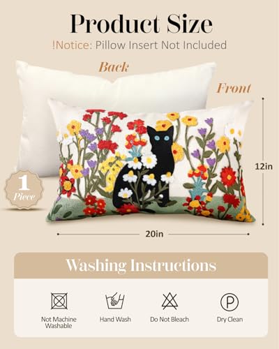 Embroidered Lumbar Pillow Cover - 20x12 Decorative Pillow Cover with Zipper Aesthetic Cute Design Boho Spring Summer Throw Pillowcase for Living Room Couch Sofa Bed, Flower Cats - color: Flower Cats, size: 20" x 12" (Pack of 1)