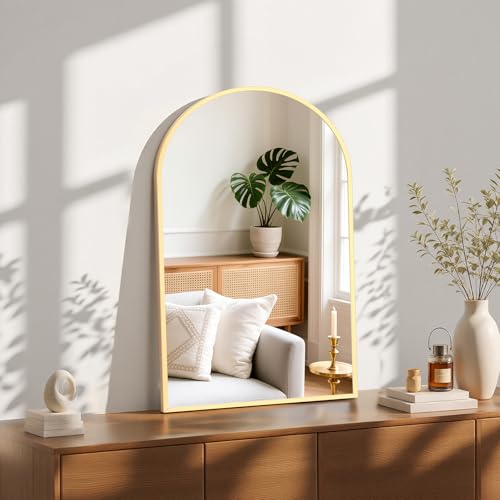 NEWBULIG 22X30 Inch Arched Bathroom Mirror for Wall, Vanity Bathroom Mirrors for Over Sink Tempered Glass, Anti-Rust Arched Metal Framed, Hangs Horizontally or Vertically, Farmhouse Home Decor, Gold - color: Gold-arched, size: 30"L x 22"W