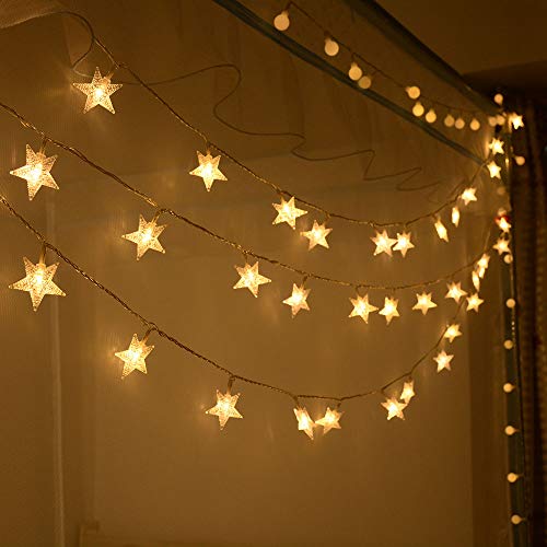 Warm White 50 Led Star Fairy Lights with Remote Control, Battery Powered Five-Pointed Star String Lights - color: Warm White