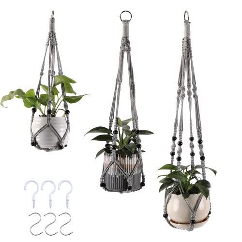 3-Pack Macrame Plant Hanger Indoor - Hanging Planter Basket for Indoor Outdoor - Decorative Boho Plant Holders Set with Beads - Ceiling Flower Pot Holder with 6 Hooks - 35"/30"/24" Gray - color: Gray