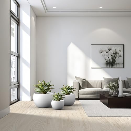 Kante 19.9",15.7",11.8" Dia Round Concrete Planter Set of 3, Outdoor/Indoor Large Bowl Plant Pots with Drainage Hole and Rubber Plug for Garden Patio Balcony Home, Pure White - color: Pure White, size: 19.9"D + 15.7"D + 11.8"D